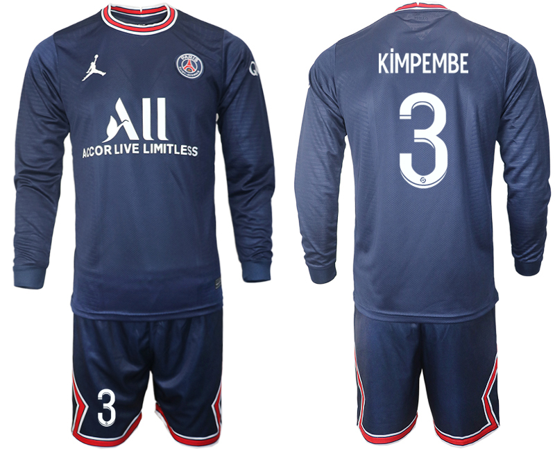 Men 2021-2022 Club Paris St German home blue Long Sleeve #3 Soccer Jersey